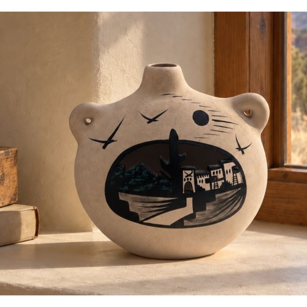 VTG. J LOBOB Arizona Pottery Cutout Shadow Box Vase Southwestern Pueblo Folk Art